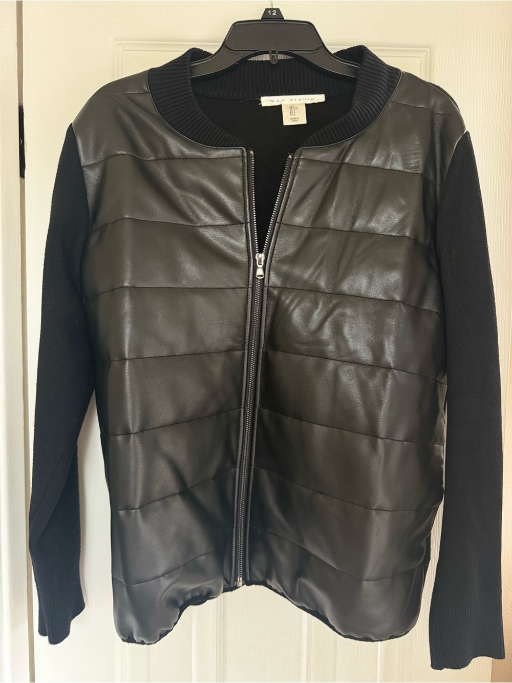 Max Studio Black Quilted Faux-Leather Bomber Jacket